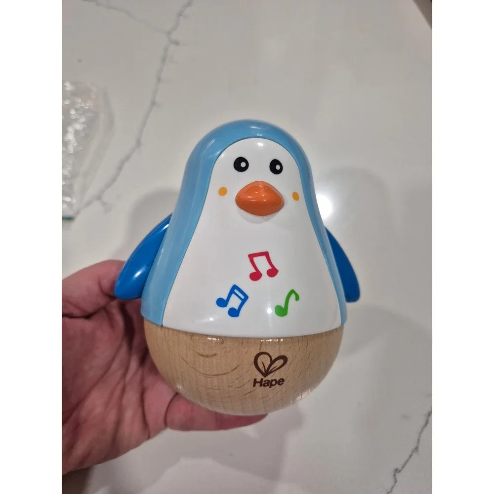 Hape‎ Penguin Wobbler Musical Toy Wooden Roly Poly Developmental